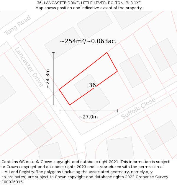 36, LANCASTER DRIVE, LITTLE LEVER, BOLTON, BL3 1XF: Plot and title map