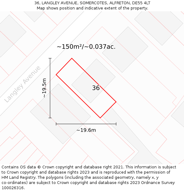 36, LANGLEY AVENUE, SOMERCOTES, ALFRETON, DE55 4LT: Plot and title map