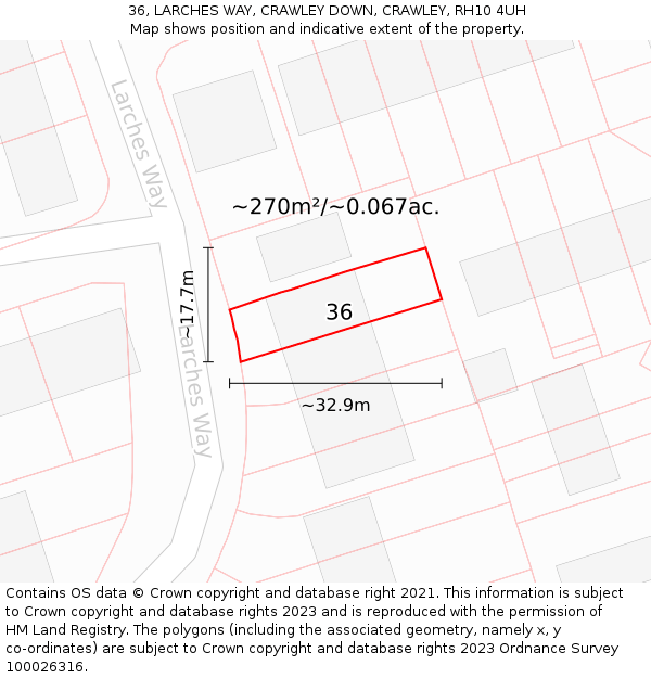 36, LARCHES WAY, CRAWLEY DOWN, CRAWLEY, RH10 4UH: Plot and title map