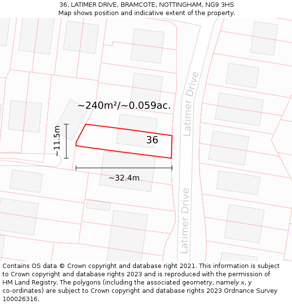 36, LATIMER DRIVE, BRAMCOTE, NOTTINGHAM, NG9 3HS: Plot and title map