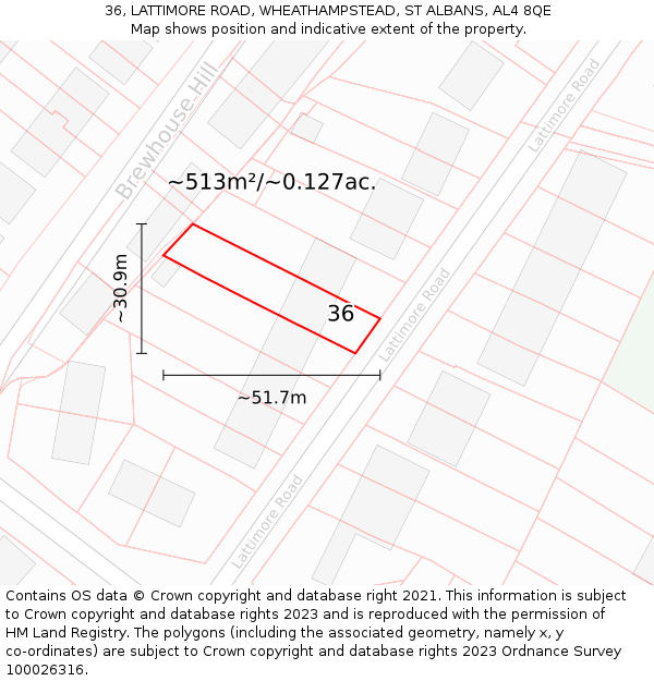 36, LATTIMORE ROAD, WHEATHAMPSTEAD, ST ALBANS, AL4 8QE: Plot and title map