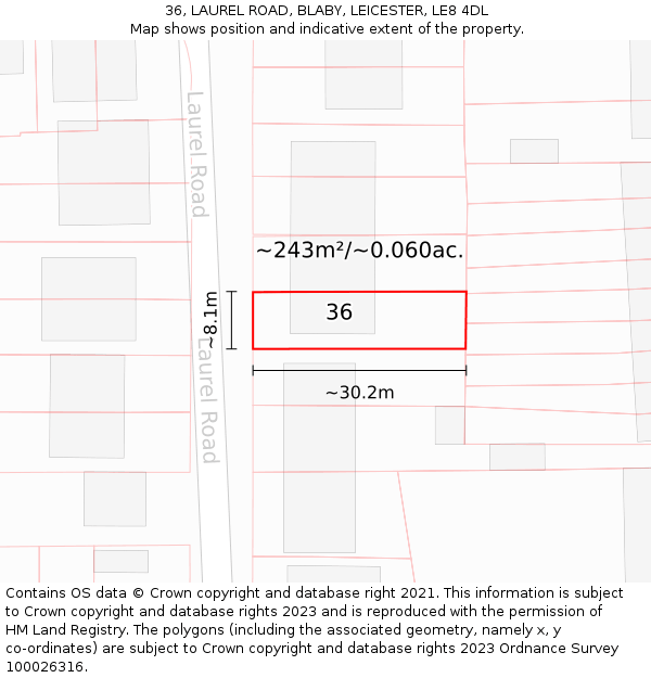 36, LAUREL ROAD, BLABY, LEICESTER, LE8 4DL: Plot and title map