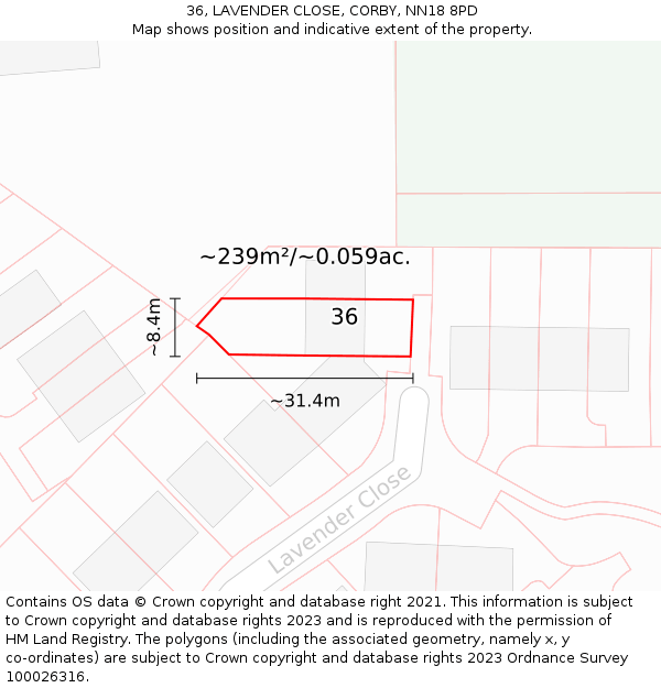36, LAVENDER CLOSE, CORBY, NN18 8PD: Plot and title map