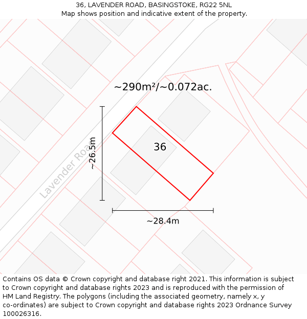 36, LAVENDER ROAD, BASINGSTOKE, RG22 5NL: Plot and title map