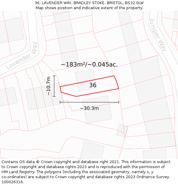 36, LAVENDER WAY, BRADLEY STOKE, BRISTOL, BS32 0LW: Plot and title map