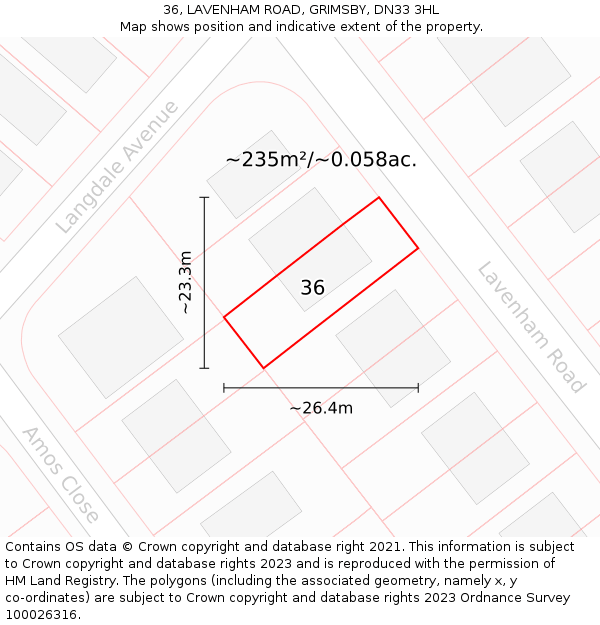 36, LAVENHAM ROAD, GRIMSBY, DN33 3HL: Plot and title map