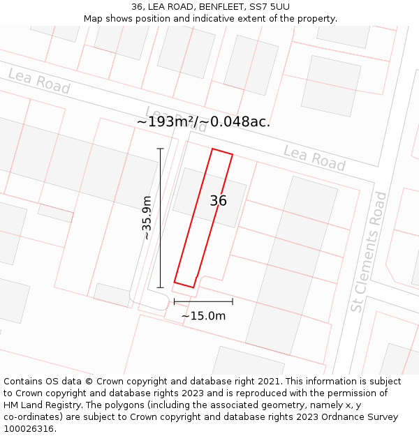 36, LEA ROAD, BENFLEET, SS7 5UU: Plot and title map