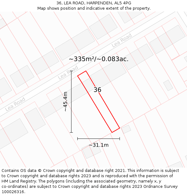 36, LEA ROAD, HARPENDEN, AL5 4PG: Plot and title map