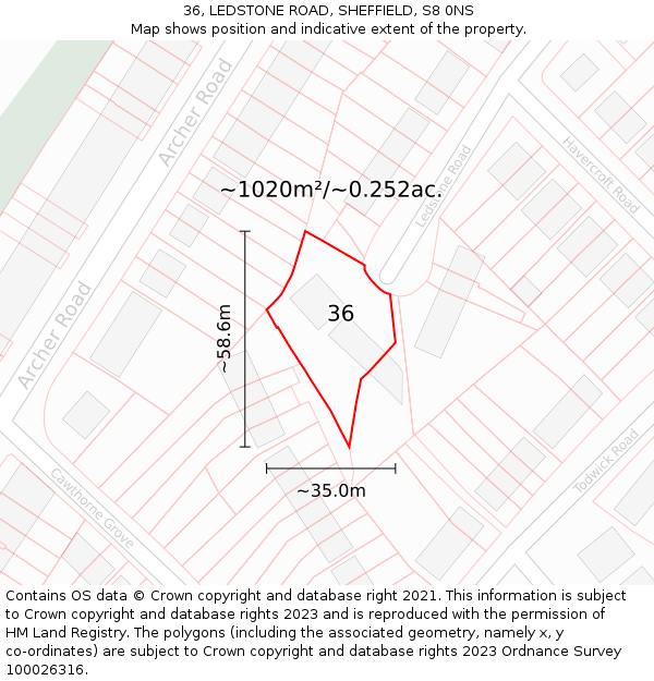 36, LEDSTONE ROAD, SHEFFIELD, S8 0NS: Plot and title map