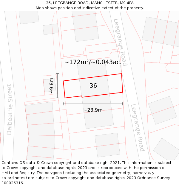 36, LEEGRANGE ROAD, MANCHESTER, M9 4FA: Plot and title map