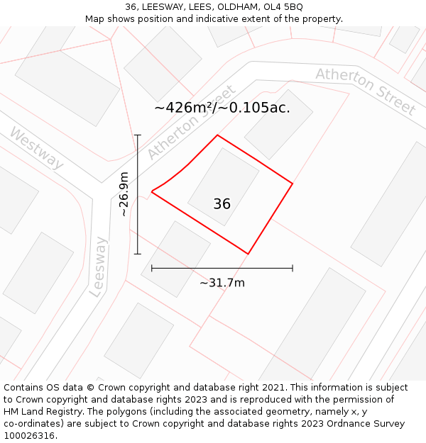 36, LEESWAY, LEES, OLDHAM, OL4 5BQ: Plot and title map