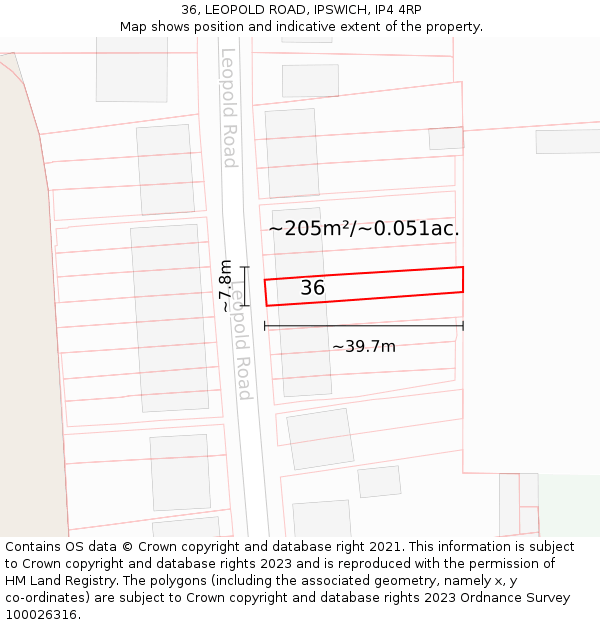 36, LEOPOLD ROAD, IPSWICH, IP4 4RP: Plot and title map
