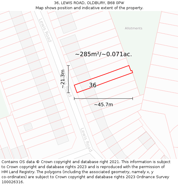 36, LEWIS ROAD, OLDBURY, B68 0PW: Plot and title map