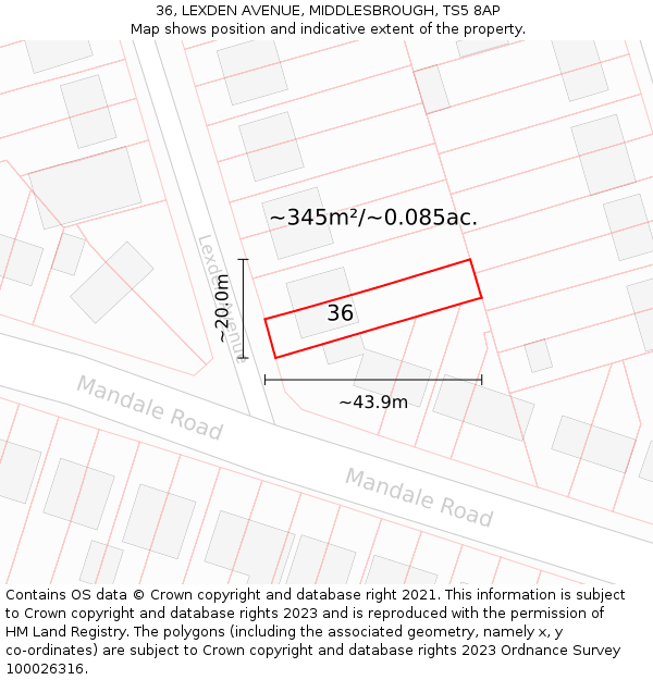 36, LEXDEN AVENUE, MIDDLESBROUGH, TS5 8AP: Plot and title map