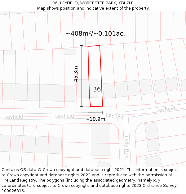 36, LEYFIELD, WORCESTER PARK, KT4 7LR: Plot and title map