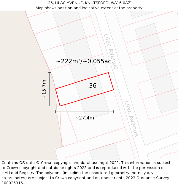 36, LILAC AVENUE, KNUTSFORD, WA16 0AZ: Plot and title map