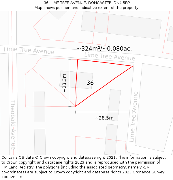 36, LIME TREE AVENUE, DONCASTER, DN4 5BP: Plot and title map