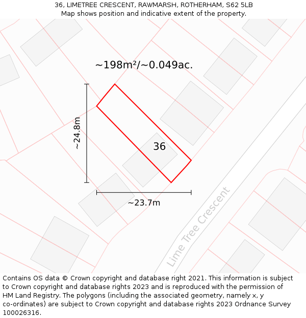 36, LIMETREE CRESCENT, RAWMARSH, ROTHERHAM, S62 5LB: Plot and title map
