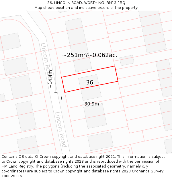 36, LINCOLN ROAD, WORTHING, BN13 1BQ: Plot and title map