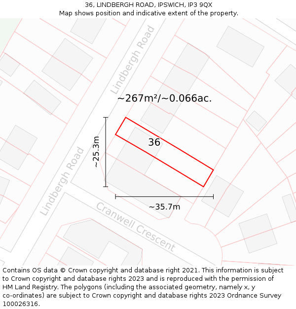 36, LINDBERGH ROAD, IPSWICH, IP3 9QX: Plot and title map