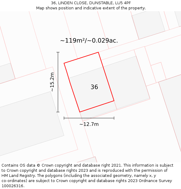 36, LINDEN CLOSE, DUNSTABLE, LU5 4PF: Plot and title map