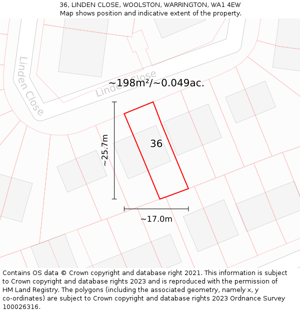 36, LINDEN CLOSE, WOOLSTON, WARRINGTON, WA1 4EW: Plot and title map