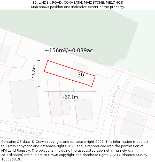 36, LINDEN ROAD, COXHEATH, MAIDSTONE, ME17 4QS: Plot and title map
