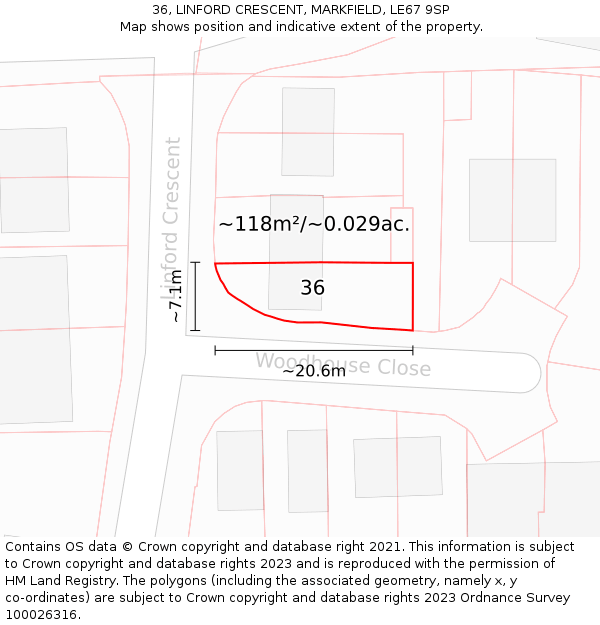 36, LINFORD CRESCENT, MARKFIELD, LE67 9SP: Plot and title map