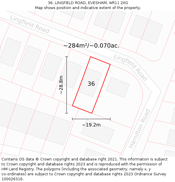 36, LINGFIELD ROAD, EVESHAM, WR11 2XG: Plot and title map