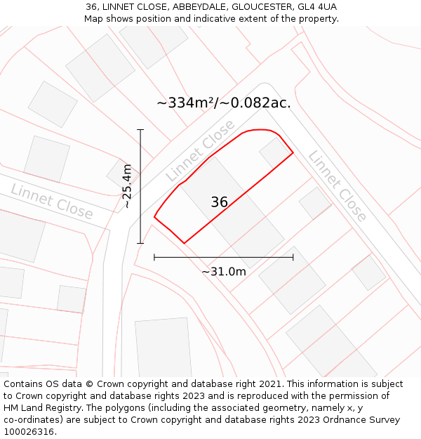 36, LINNET CLOSE, ABBEYDALE, GLOUCESTER, GL4 4UA: Plot and title map