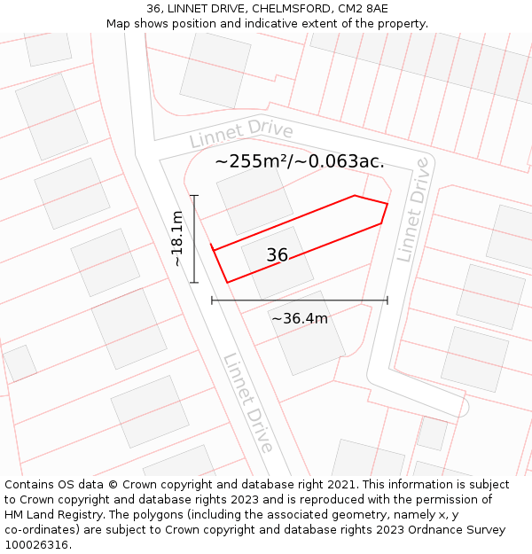 36, LINNET DRIVE, CHELMSFORD, CM2 8AE: Plot and title map