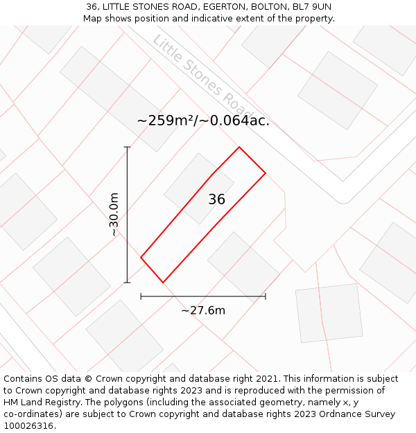 36, LITTLE STONES ROAD, EGERTON, BOLTON, BL7 9UN: Plot and title map