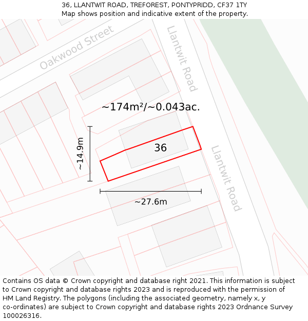 36, LLANTWIT ROAD, TREFOREST, PONTYPRIDD, CF37 1TY: Plot and title map