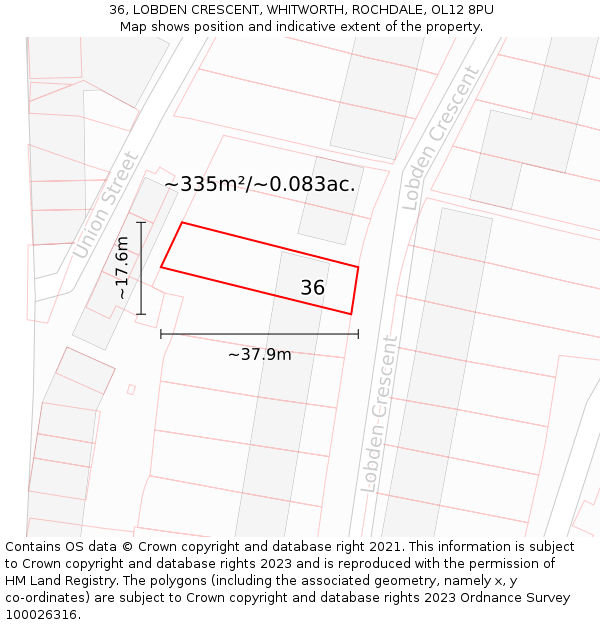 36, LOBDEN CRESCENT, WHITWORTH, ROCHDALE, OL12 8PU: Plot and title map