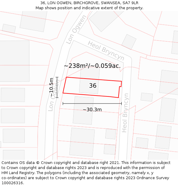 36, LON OGWEN, BIRCHGROVE, SWANSEA, SA7 9LR: Plot and title map