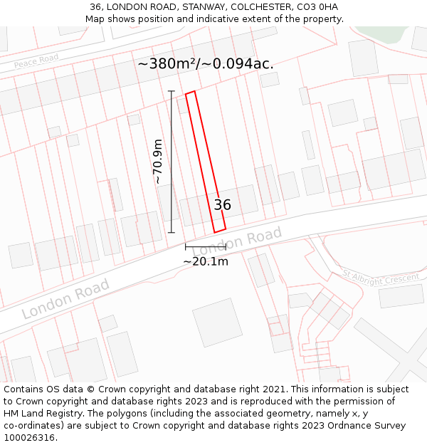 36, LONDON ROAD, STANWAY, COLCHESTER, CO3 0HA: Plot and title map