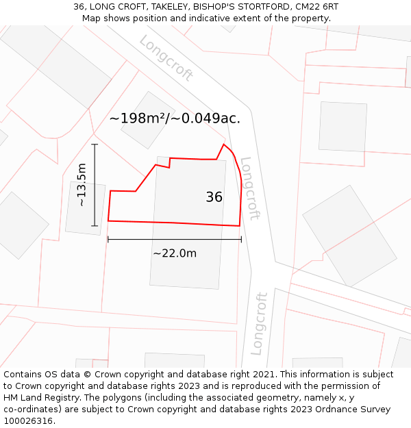36, LONG CROFT, TAKELEY, BISHOP'S STORTFORD, CM22 6RT: Plot and title map