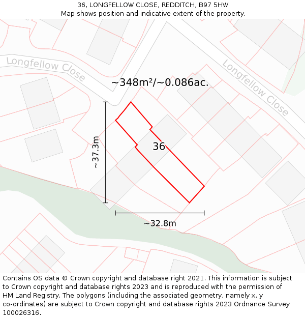 36, LONGFELLOW CLOSE, REDDITCH, B97 5HW: Plot and title map