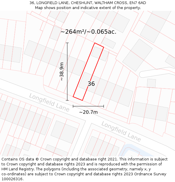 36, LONGFIELD LANE, CHESHUNT, WALTHAM CROSS, EN7 6AD: Plot and title map