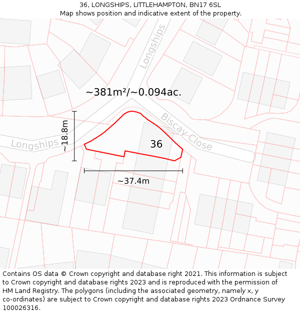 36, LONGSHIPS, LITTLEHAMPTON, BN17 6SL: Plot and title map