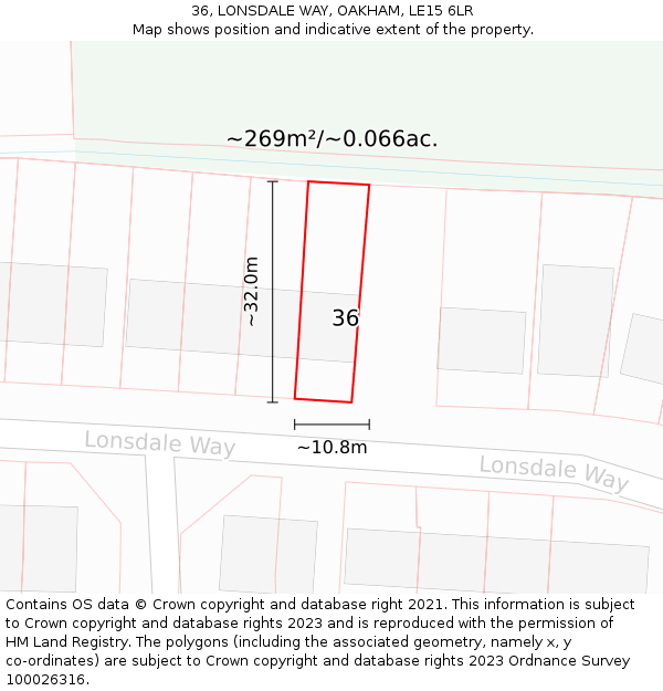 36, LONSDALE WAY, OAKHAM, LE15 6LR: Plot and title map