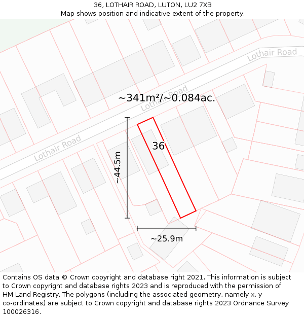 36, LOTHAIR ROAD, LUTON, LU2 7XB: Plot and title map