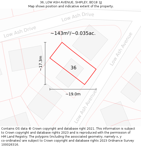 36, LOW ASH AVENUE, SHIPLEY, BD18 1JJ: Plot and title map