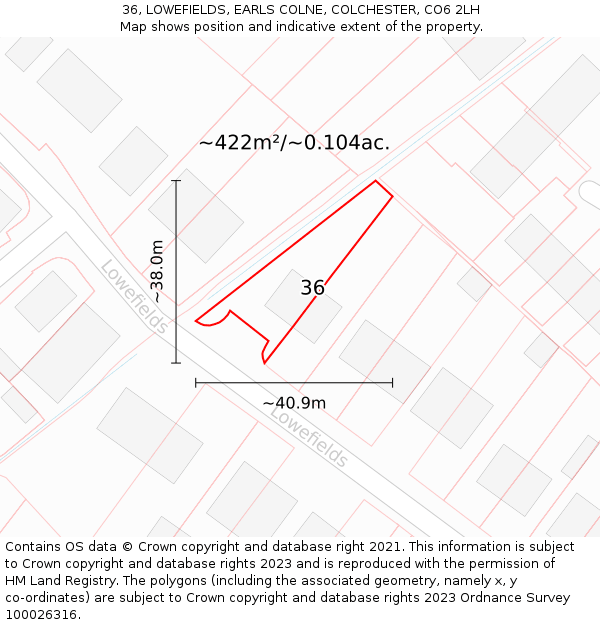 36, LOWEFIELDS, EARLS COLNE, COLCHESTER, CO6 2LH: Plot and title map