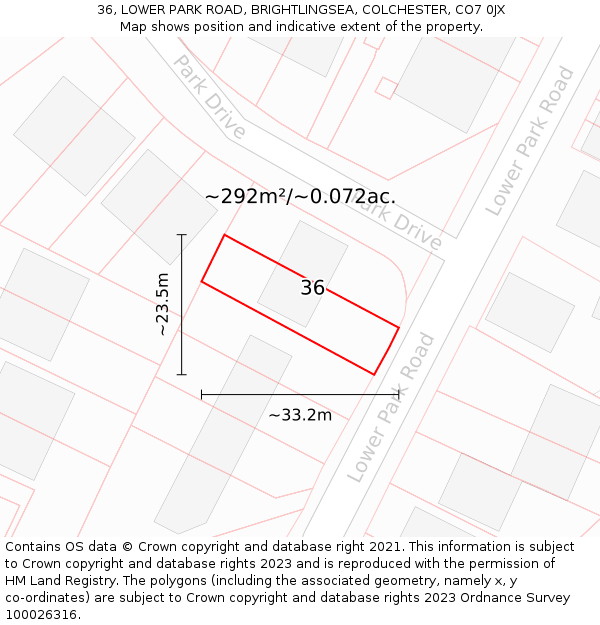 36, LOWER PARK ROAD, BRIGHTLINGSEA, COLCHESTER, CO7 0JX: Plot and title map