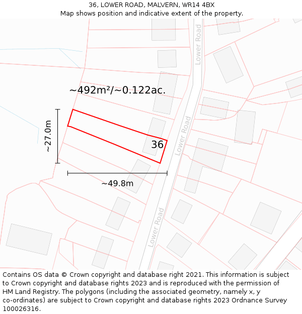 36, LOWER ROAD, MALVERN, WR14 4BX: Plot and title map