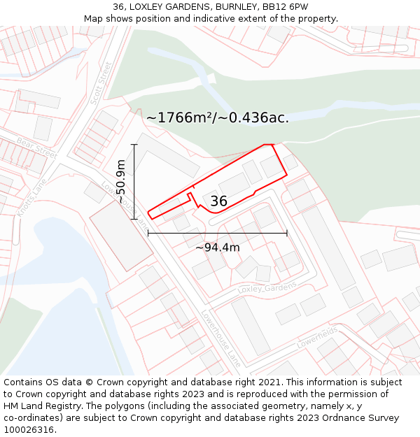 36, LOXLEY GARDENS, BURNLEY, BB12 6PW: Plot and title map