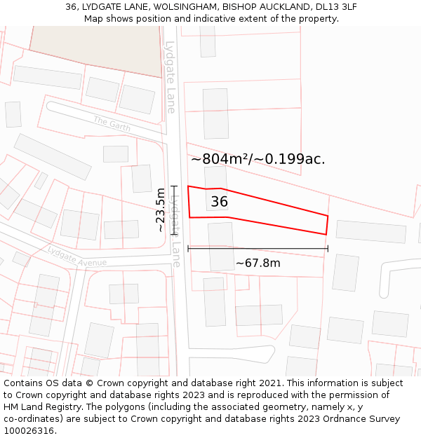 36, LYDGATE LANE, WOLSINGHAM, BISHOP AUCKLAND, DL13 3LF: Plot and title map