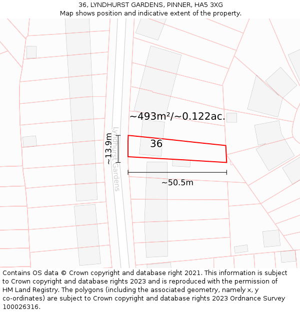 36, LYNDHURST GARDENS, PINNER, HA5 3XG: Plot and title map