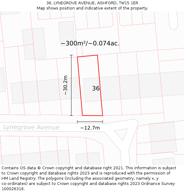 36, LYNEGROVE AVENUE, ASHFORD, TW15 1ER: Plot and title map